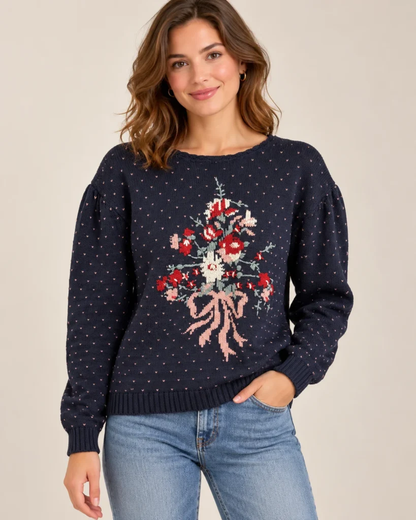 Featured image for Lady Outlook – Navy blue jumper with floral embroidery – 100% cotton