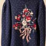 Thumbnail for Lady Outlook – Navy blue jumper with floral embroidery – 100% cotton
