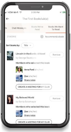 Phone with Bookclubs app showing "Create a Meeting for my Club" button