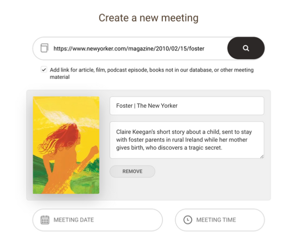 Image of Bookclubs website with Create a New Meeting highlighted