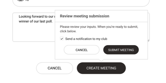 Image of Bookclubs website with Submit Meeting pop up