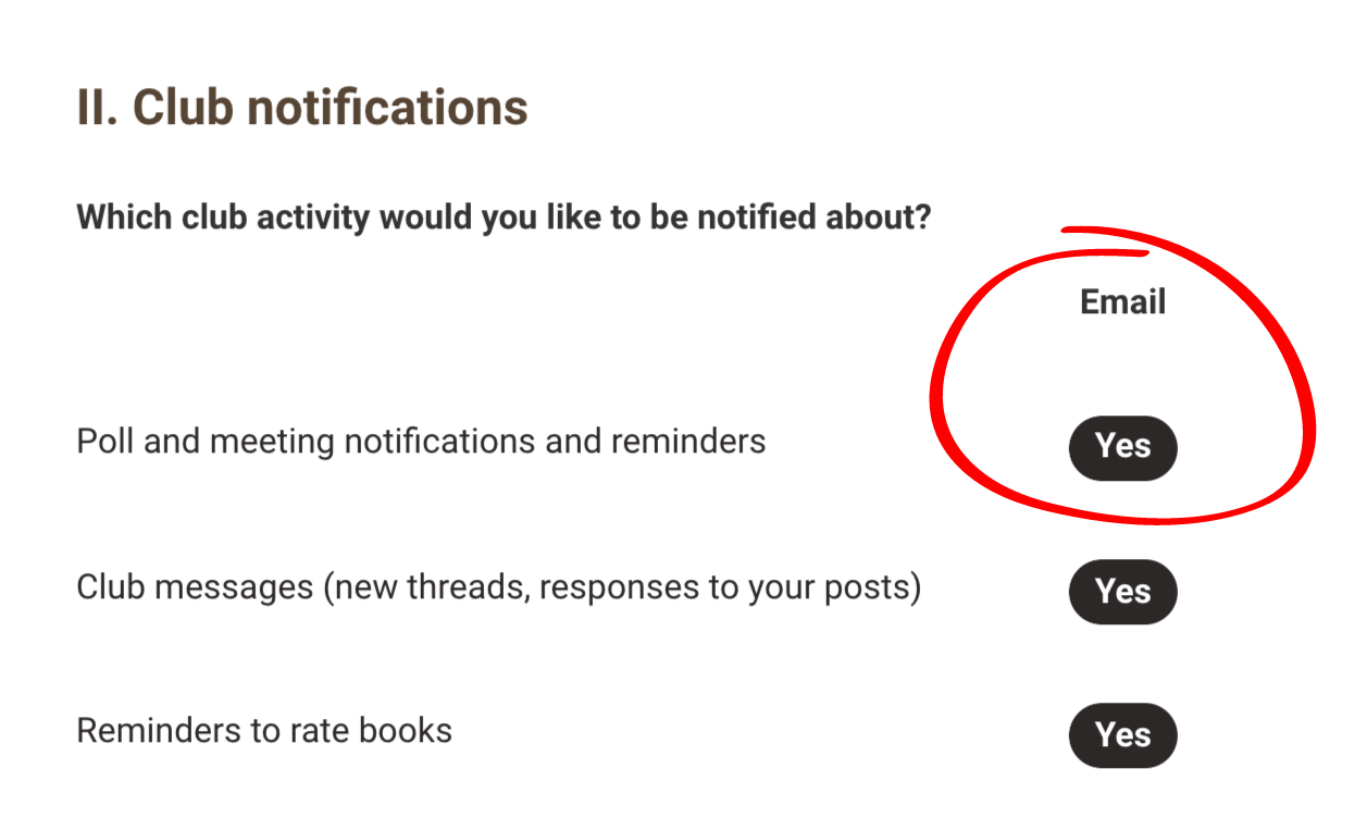 Screenshot of club notification settings on Bookclubs