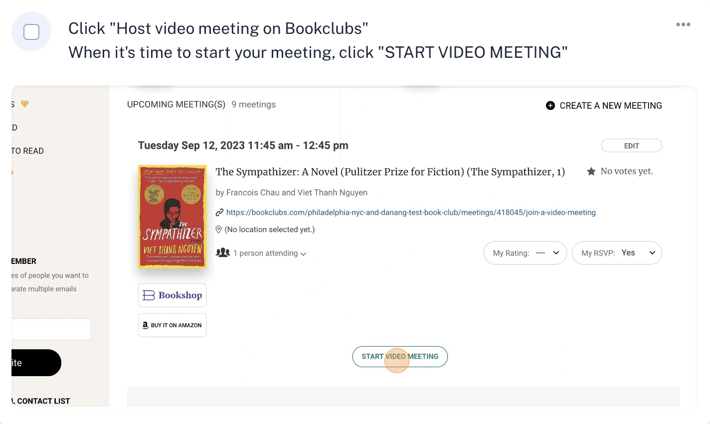 Screenshot of Bookclubs meeting tab with join button for video meeting