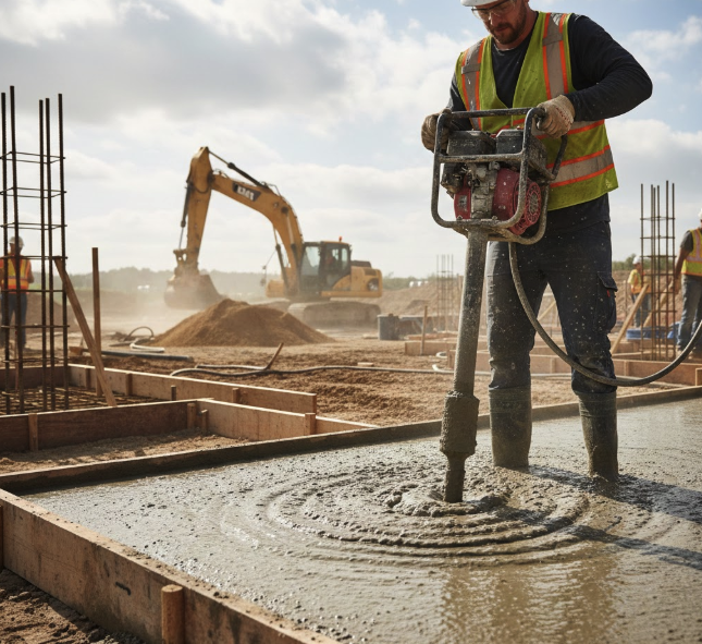 Electric concrete vibrator consolidating freshly poured concrete