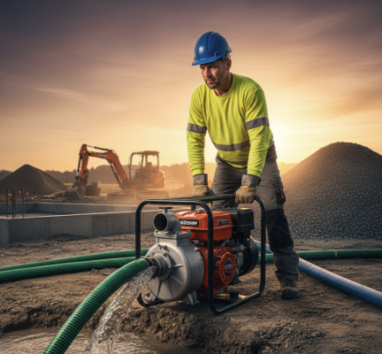 Koshin centrifugal pump transferring water from drainage trench on construction site