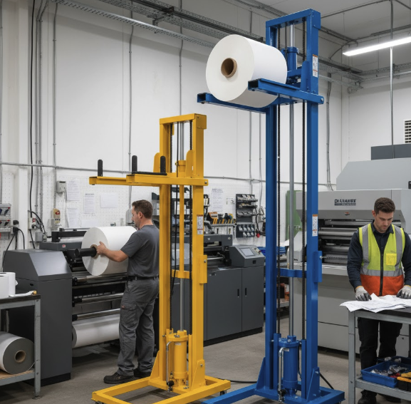 Foster Hi-Rise On-A-Roll lift raising a large media roll toward a wide-format printer
