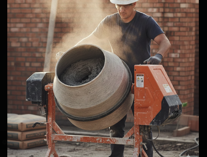 Mortar mixer operating during active construction work