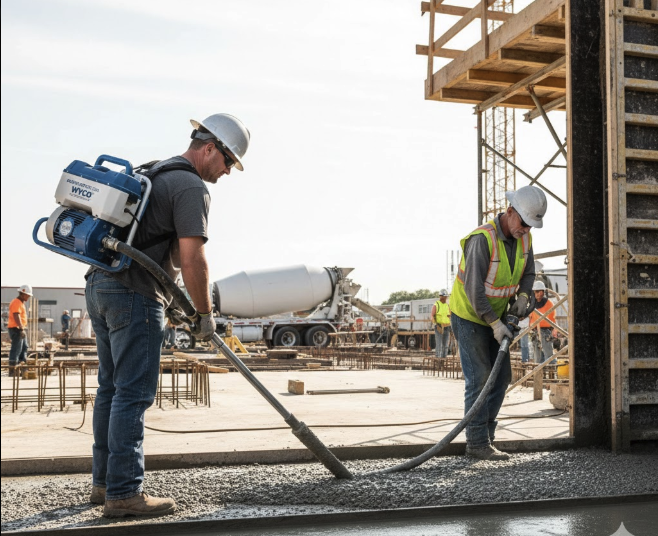 Wyco concrete vibrator motor in action on a construction site