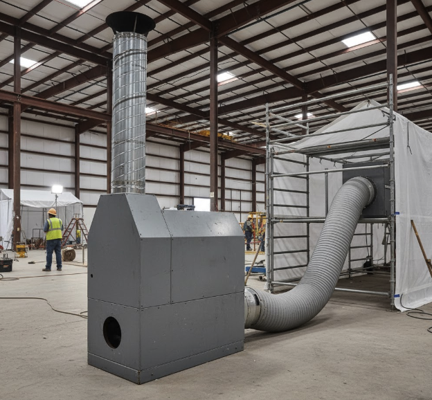 Large Flagro indirect-fired heater warming an enclosed construction structure