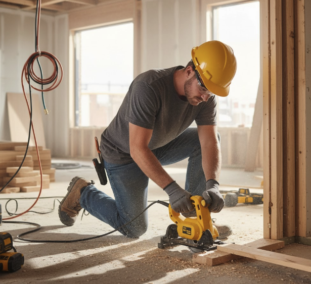QEP jamb saw cutting a door jamb at floor level during flooring installation