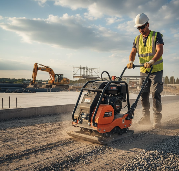 plate compactor preparing soil base for construction project