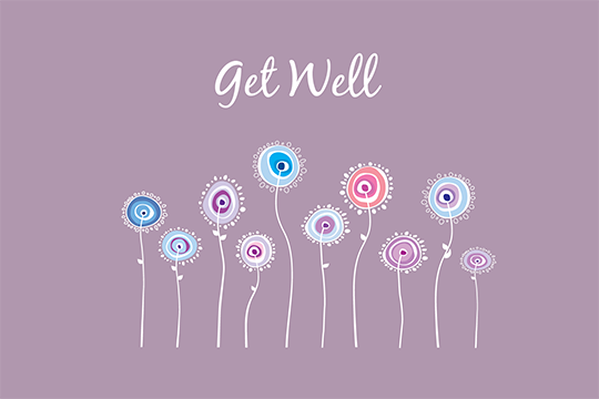 purple get well card with colorfully illustrated flowers