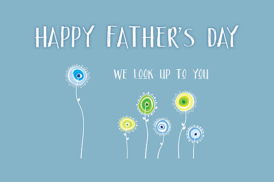 blue happy father's day card with colorfully illustrated flowers