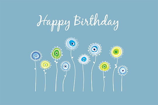 blue happy birthday card with illustrated colorful flowers