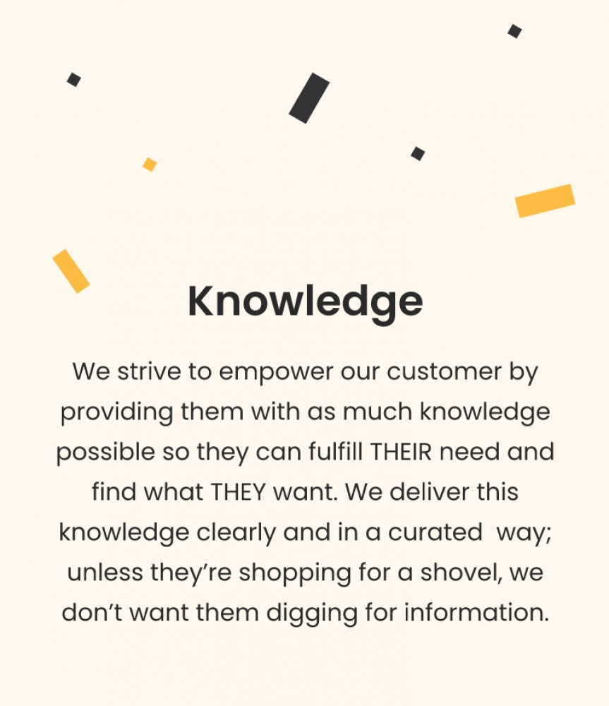 Knowledge We strive to empower our customer by providing them with as much knowledge possible so they can fulfill THEIR need and find what THEY want. We deliver this knowledge clearly and in a curated way; unless they're shopping for a shovel, we don't want them digging for information.