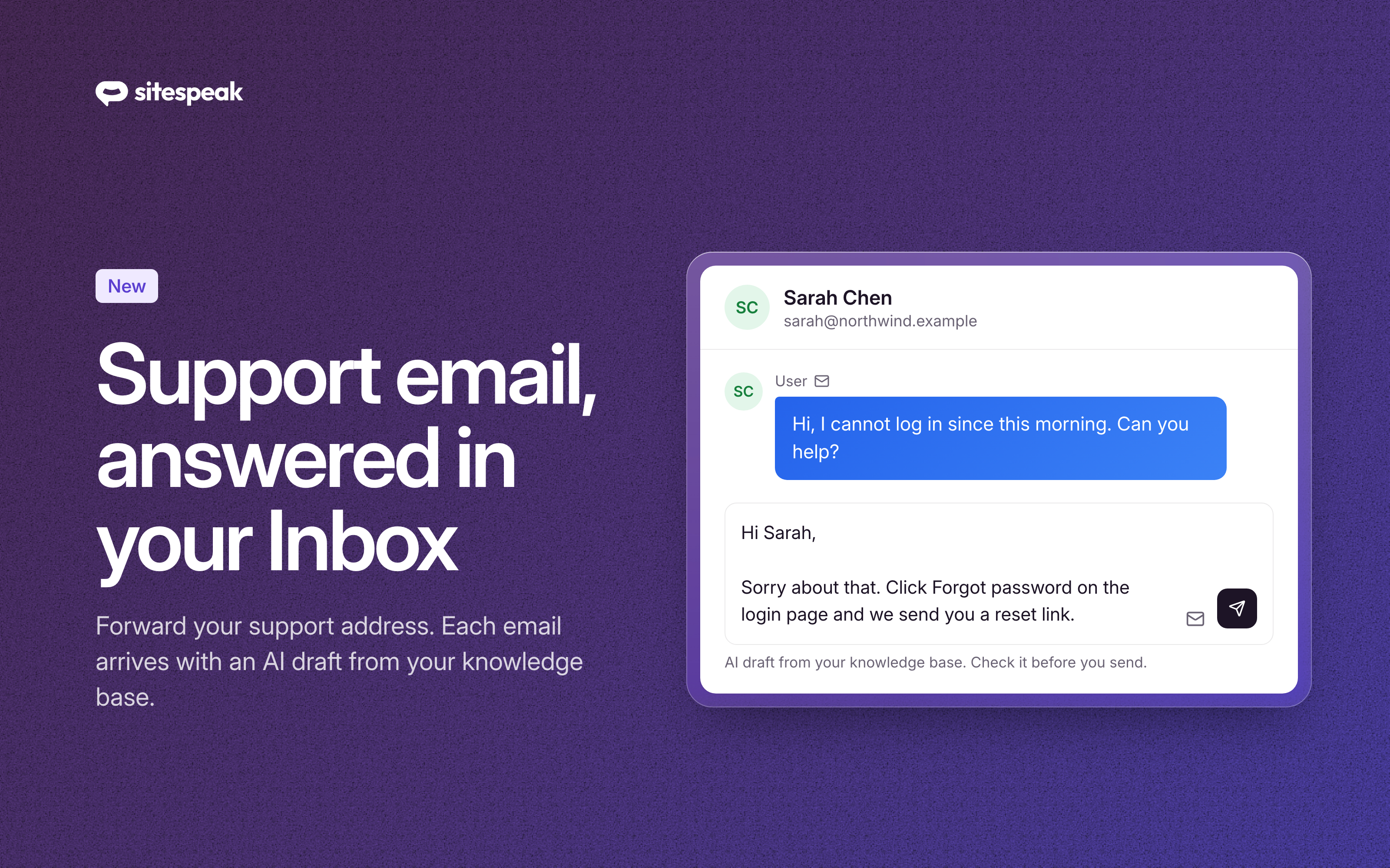 Answer your support email from the SiteSpeakAI Inbox, with AI drafts