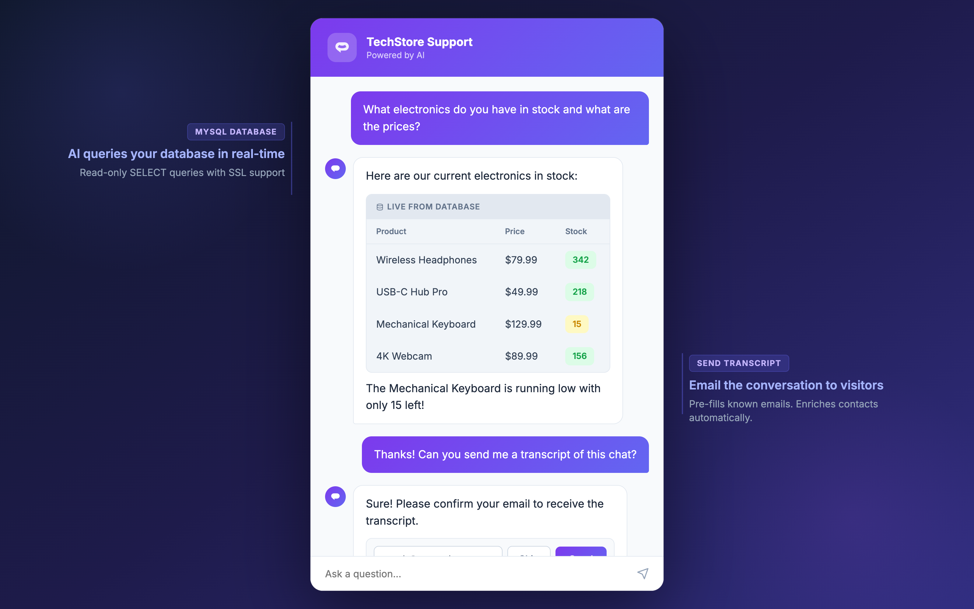 New Actions: MySQL Database and Send Transcript