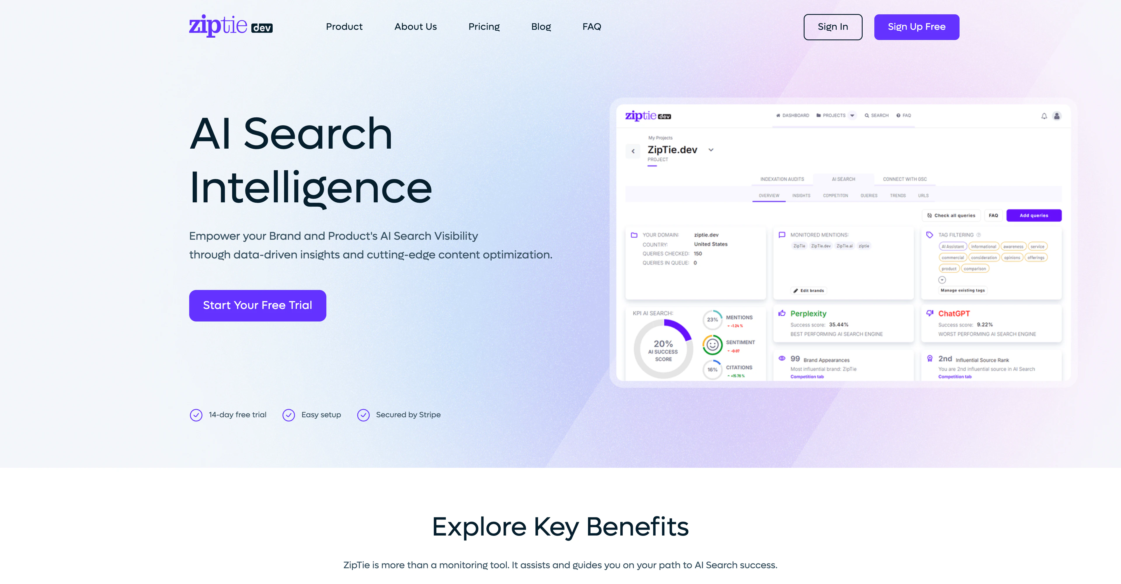 ZipTie.dev's AI Search Intelligence dashboard preview.