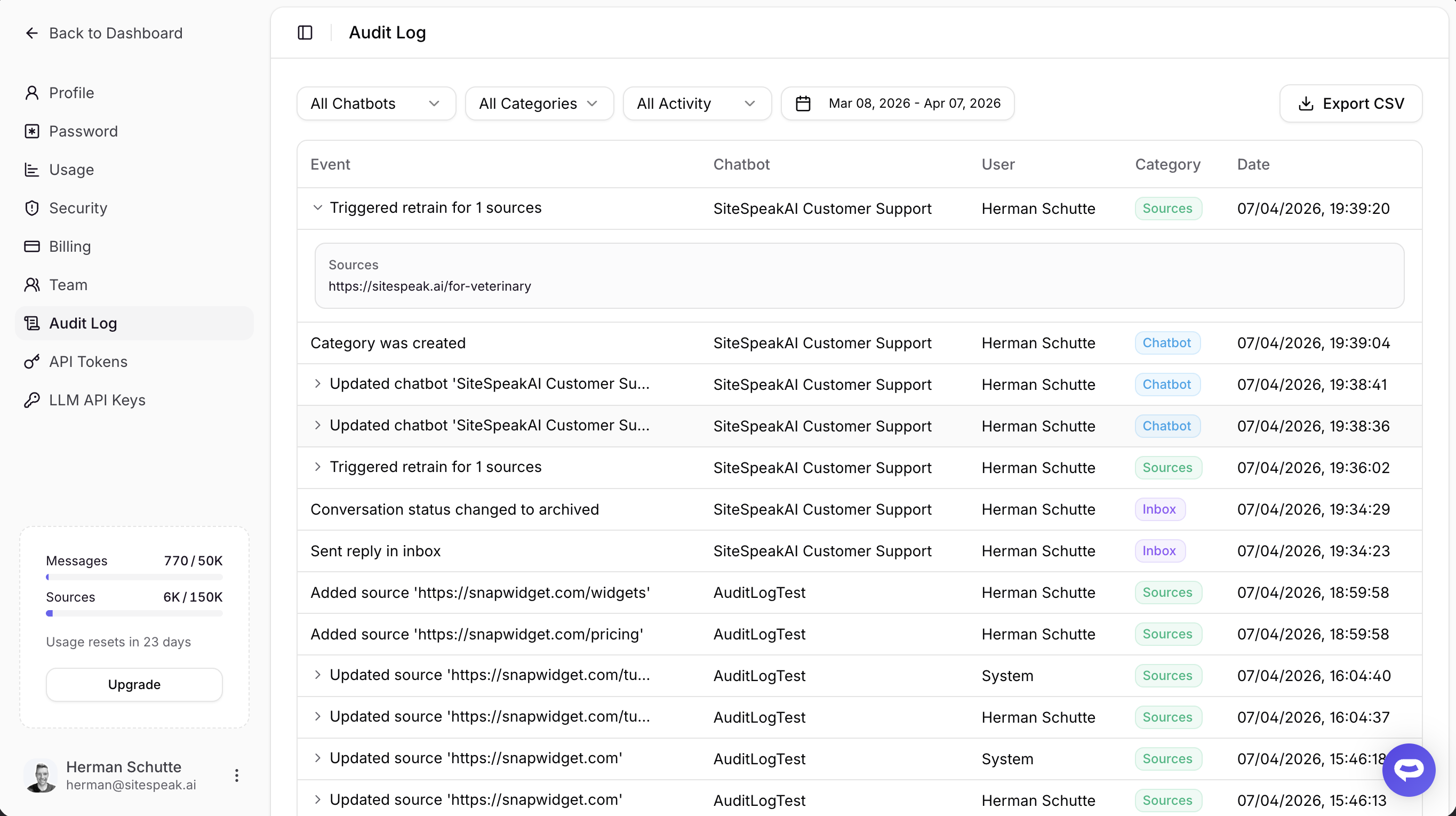 Audit Log for Chatbots