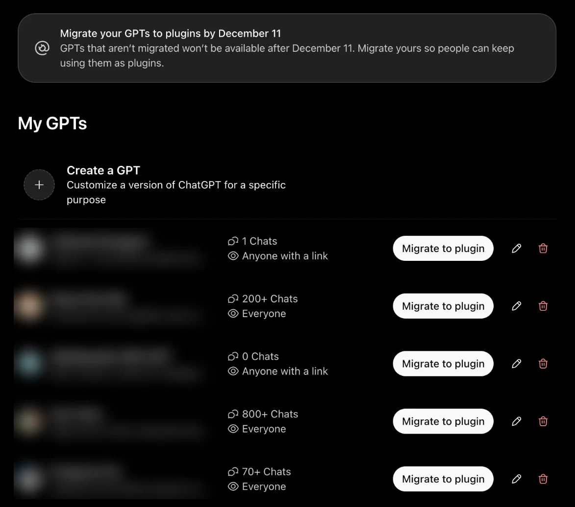 My GPTs in ChatGPT with the banner "Migrate your GPTs to plugins by December 11" and a Migrate to plugin button next to each GPT