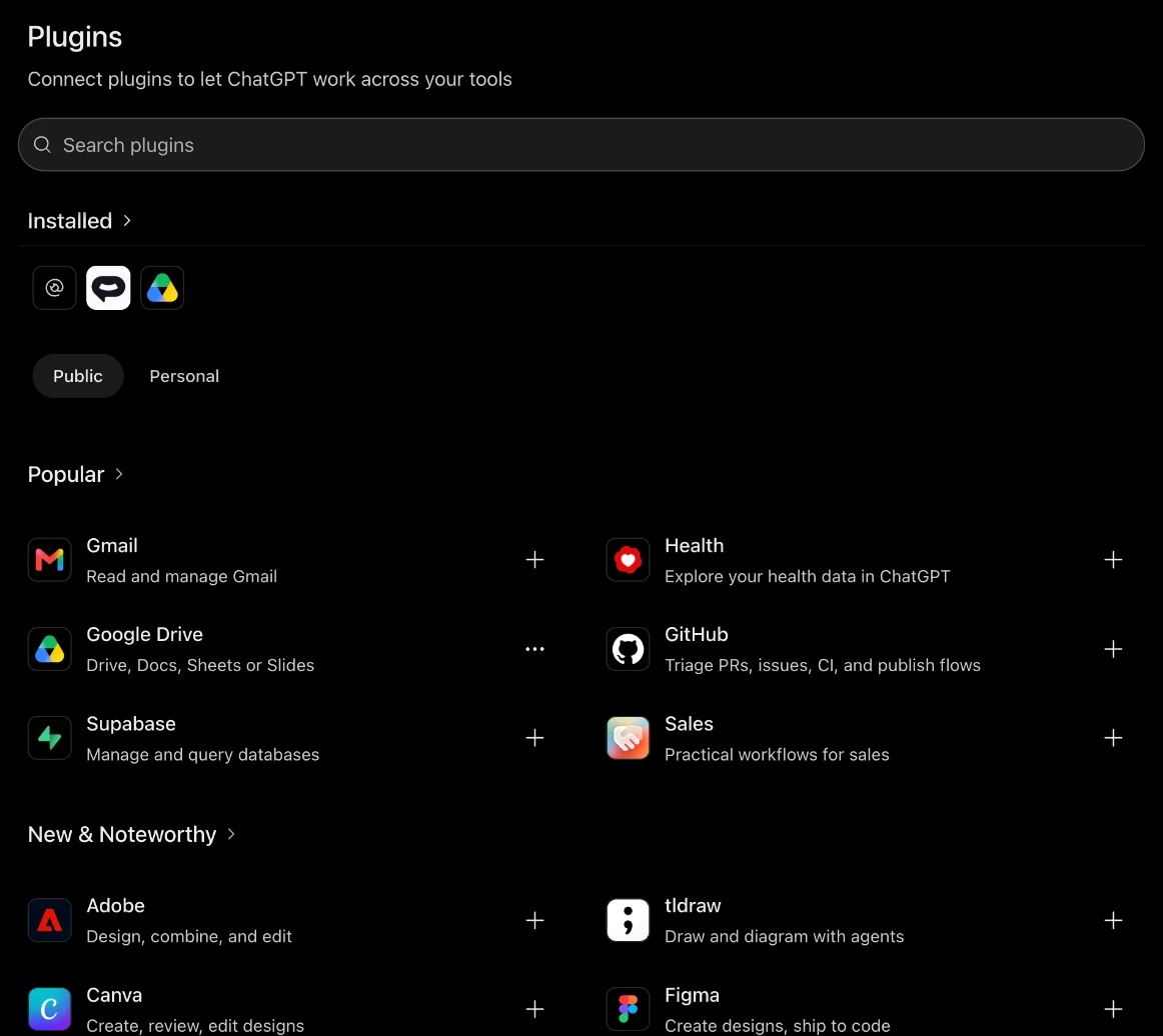 The Plugins page in ChatGPT with installed plugins, Public and Personal tabs, and the Popular and New and Noteworthy lists