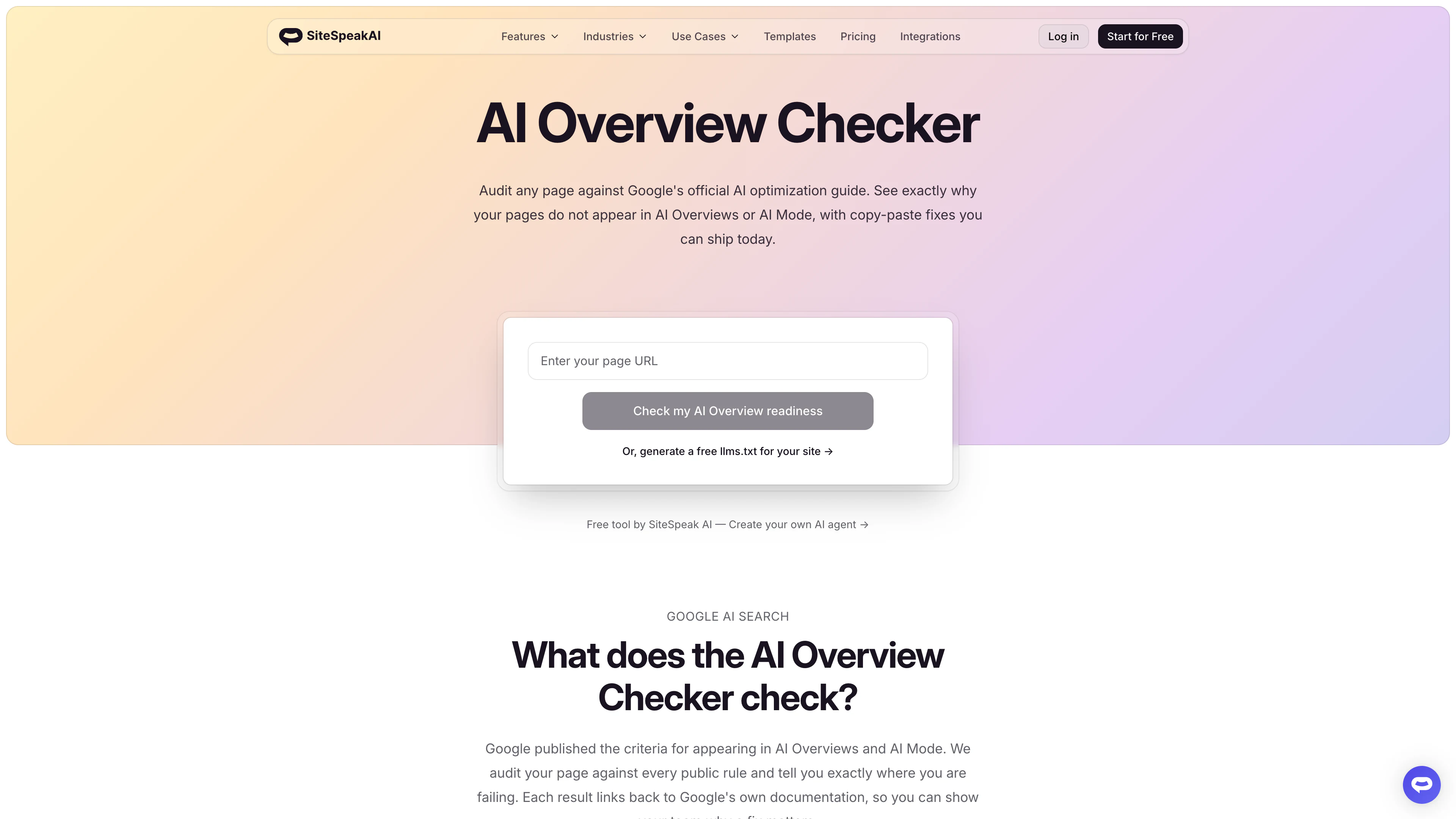 AI Overview Checker landing page showing the input form and audit categories preview.