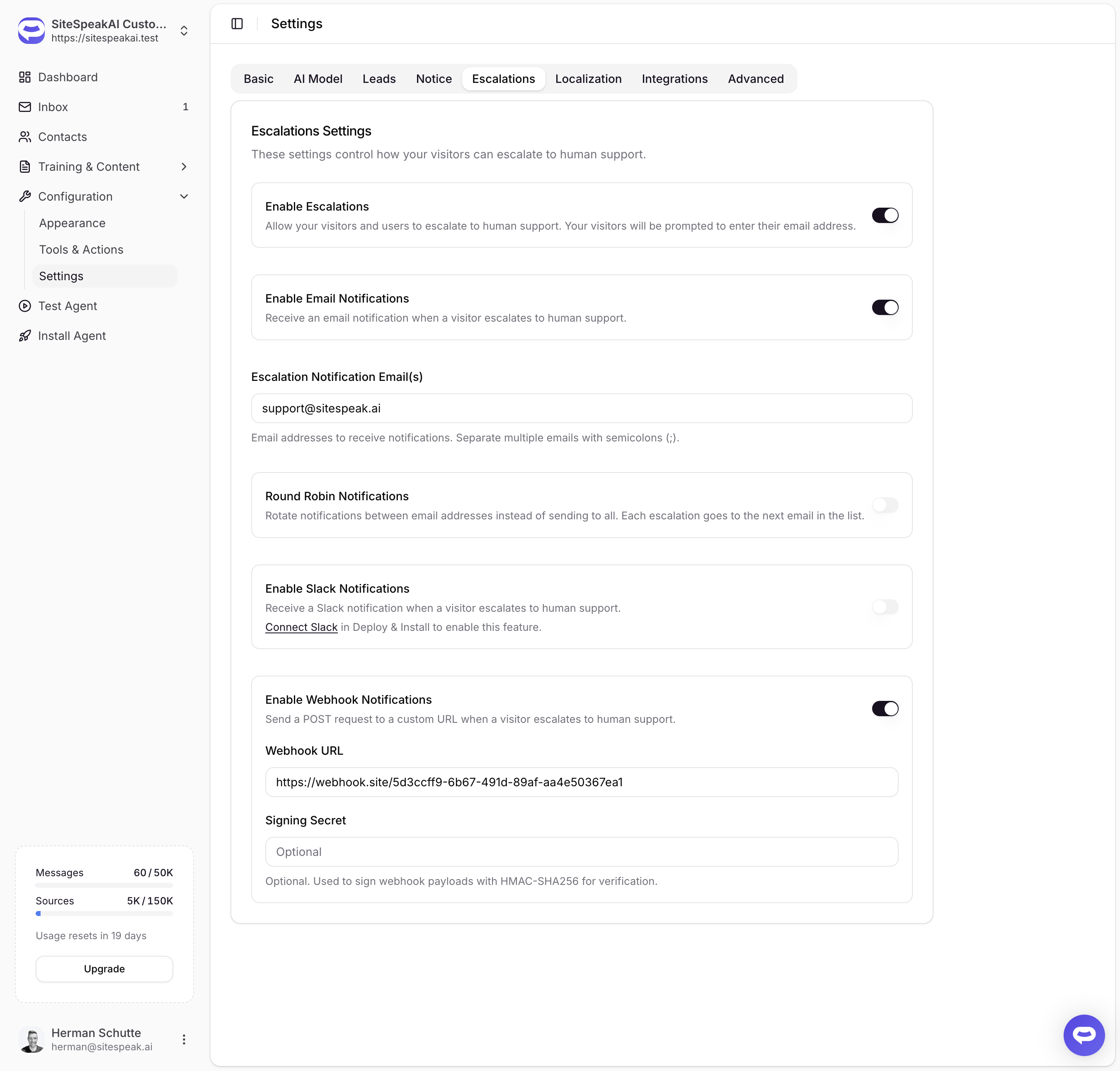 Webhook Escalation Notifications