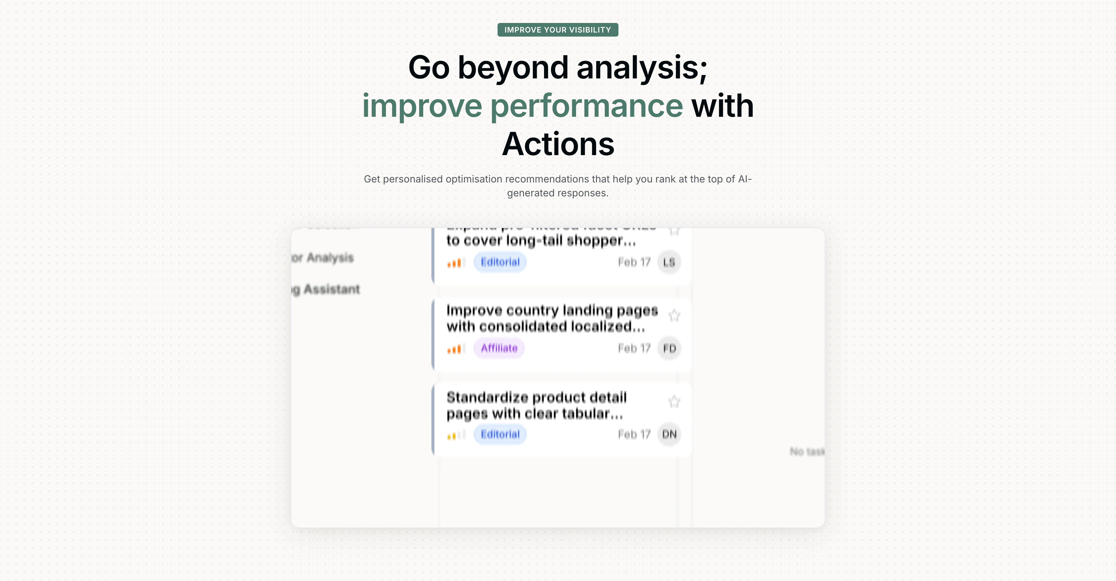 KIME's Action Centre showing optimization recommendations as a prioritized backlog.