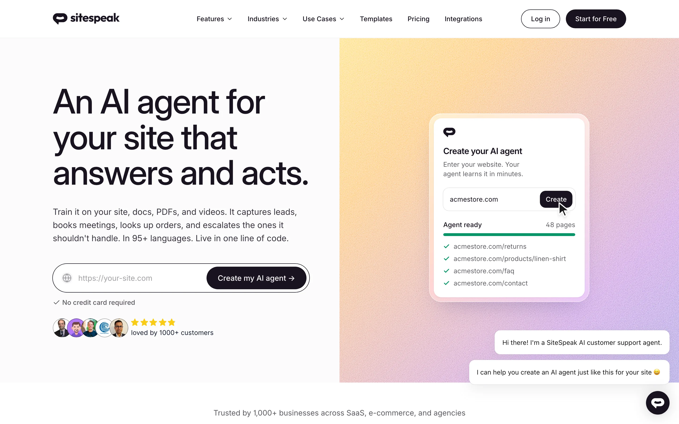SiteSpeak.ai homepage