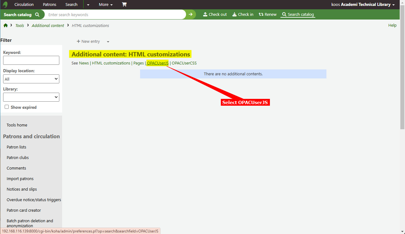 3 - Koha library - Select OPACUserJS.png