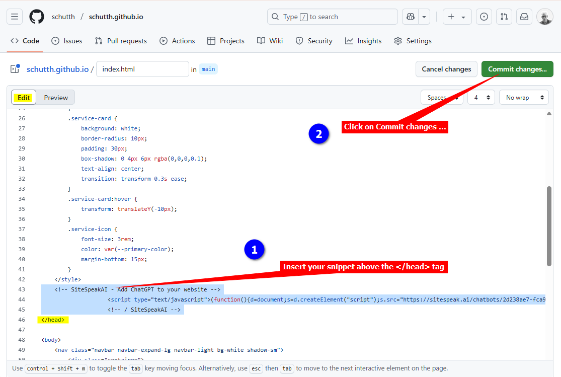 4 - Github Pages - Insert your snippet and commit changes.png
