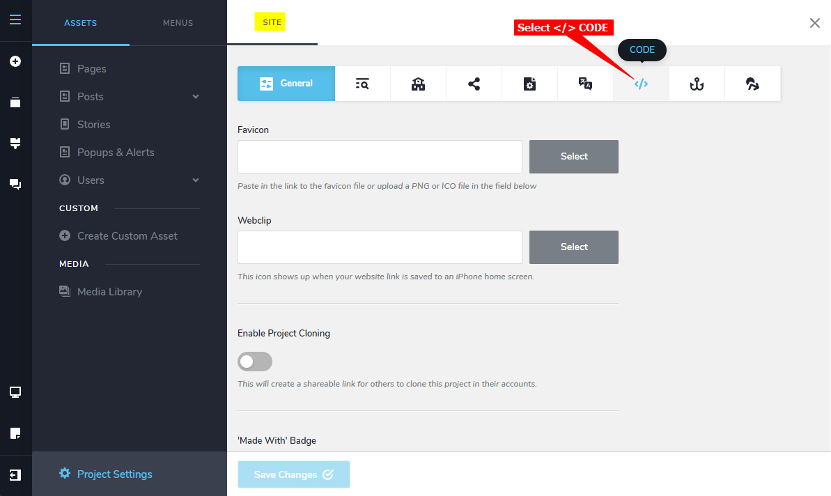 4 - Brizy - Select the CODE option tab.png