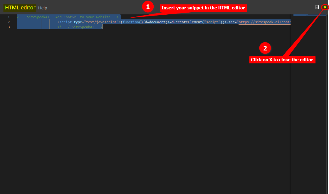 3 - Silex - Insert your snippet in the  HTML editor and click on X to close editor.png