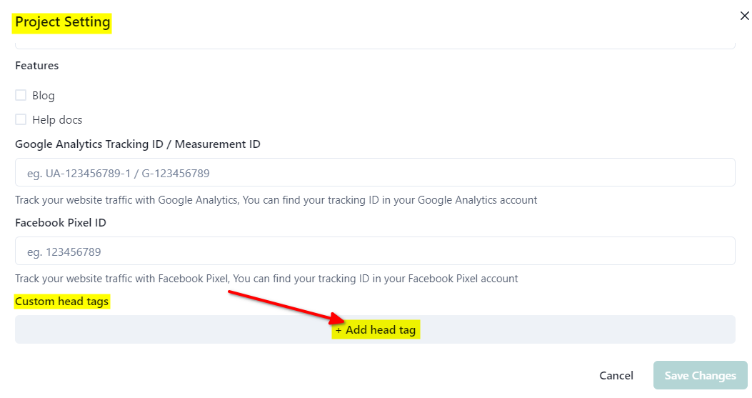 4 - createwebsite.io - Under Project Settings scroll down and select Add head tag.png