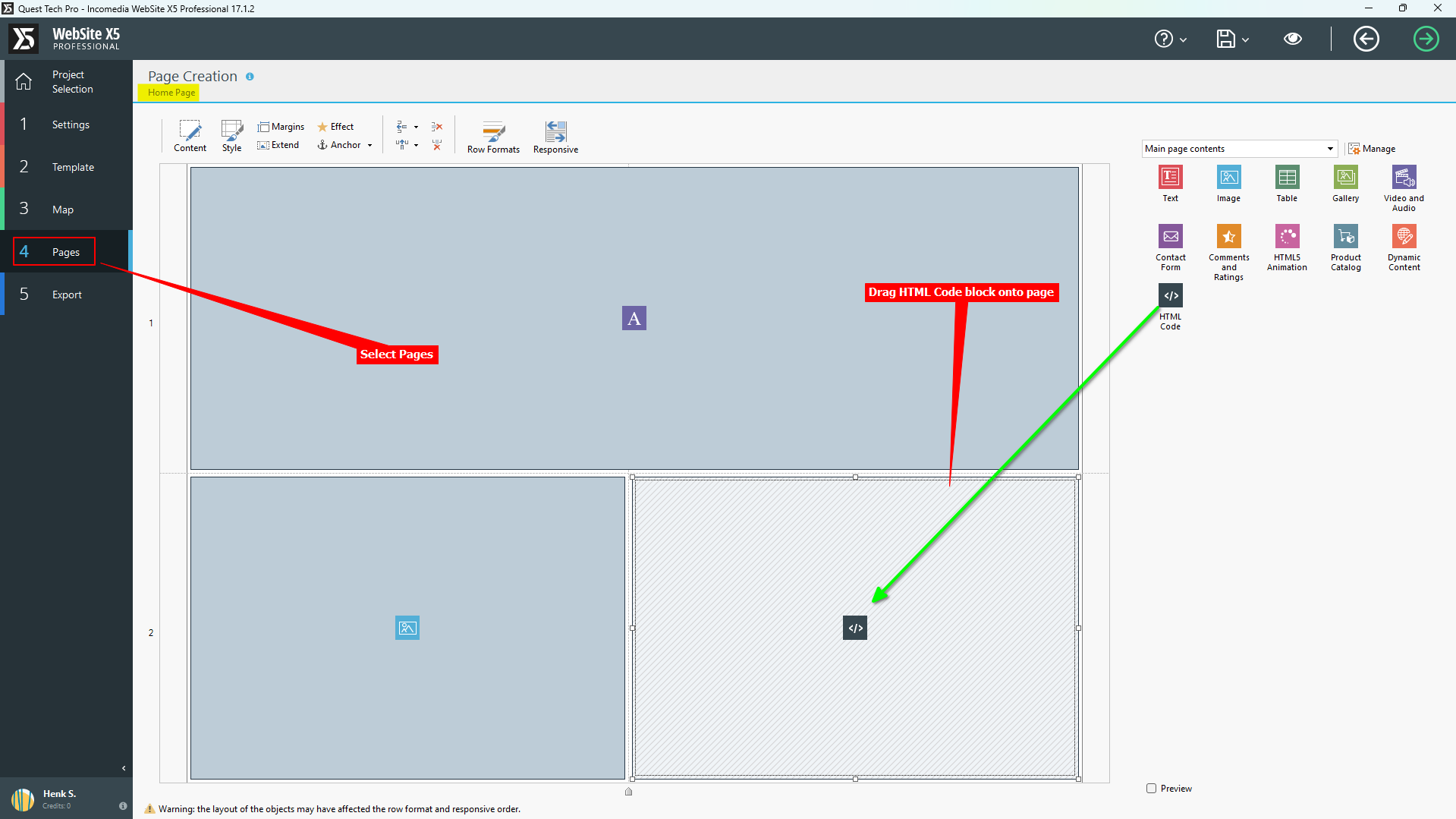 2 - Website X5 Pro - Select Page and drag HTML block onto page.png