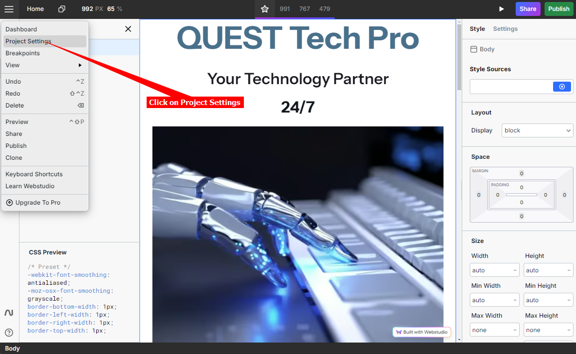 2 - Webstudio - Click on Project Settings.png
