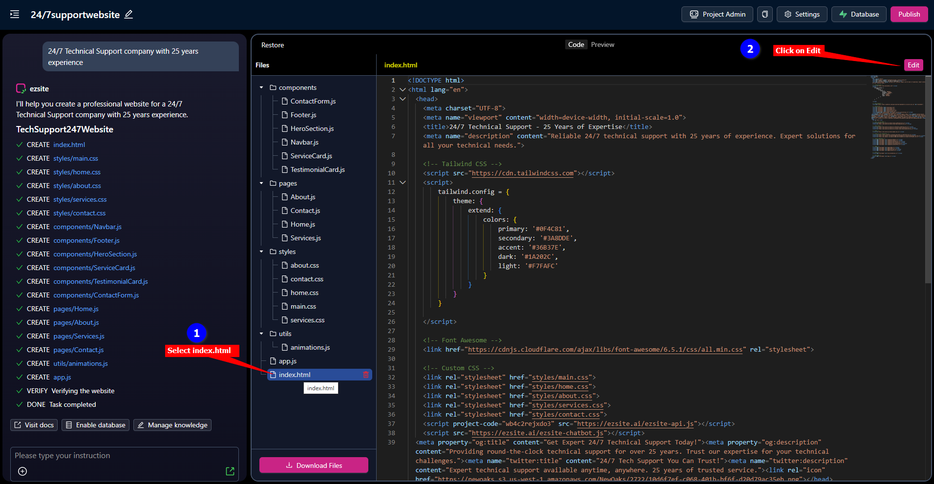 4 - ezsite - select the index.html file.png