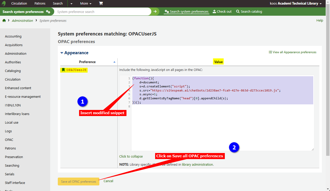 5 - Koha library - Insert snippet and save preferences.png