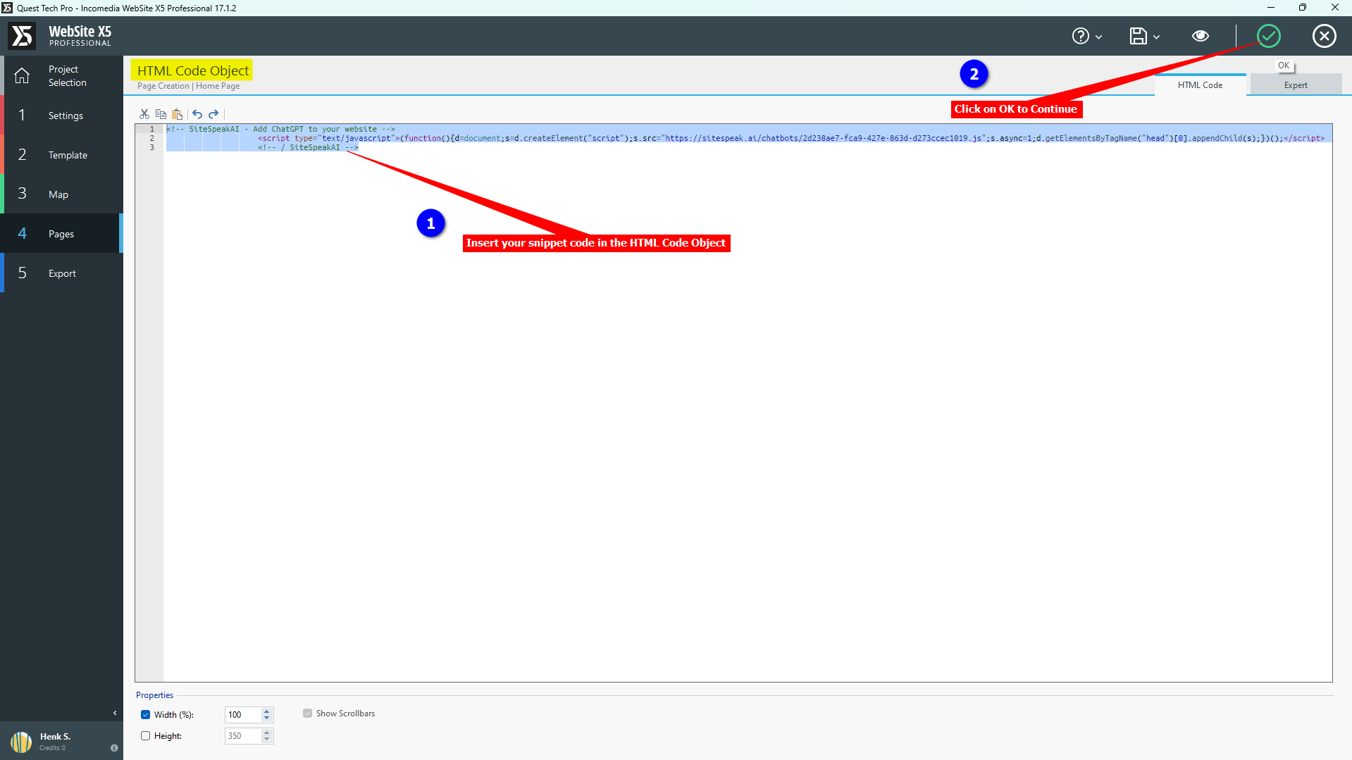 3 - Website X5 Pro - Insert snippet and click on OK.png