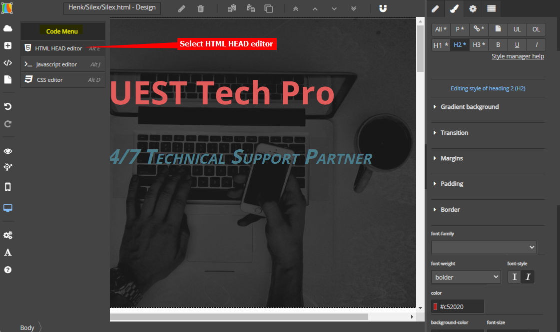 2 - Silex - Select HTML HEAD editor on the Code Menu.png