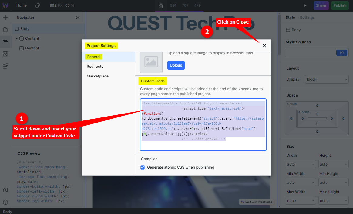 4 - Webstudio - Scroll down and insert snippet under Custom Code.png