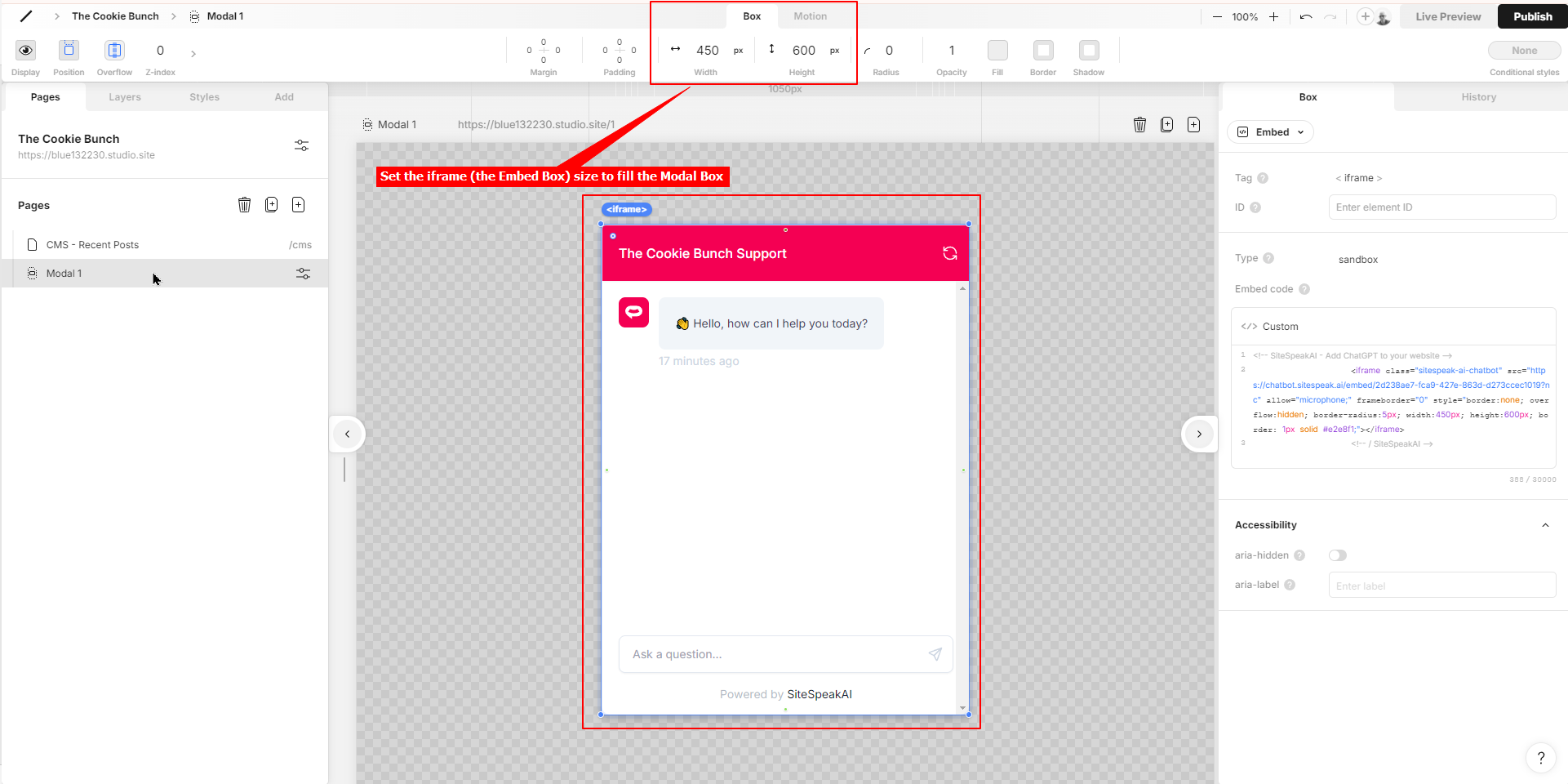 8 - Studio -set the iframe (the Embed Box) size to fill the Modal Box.png