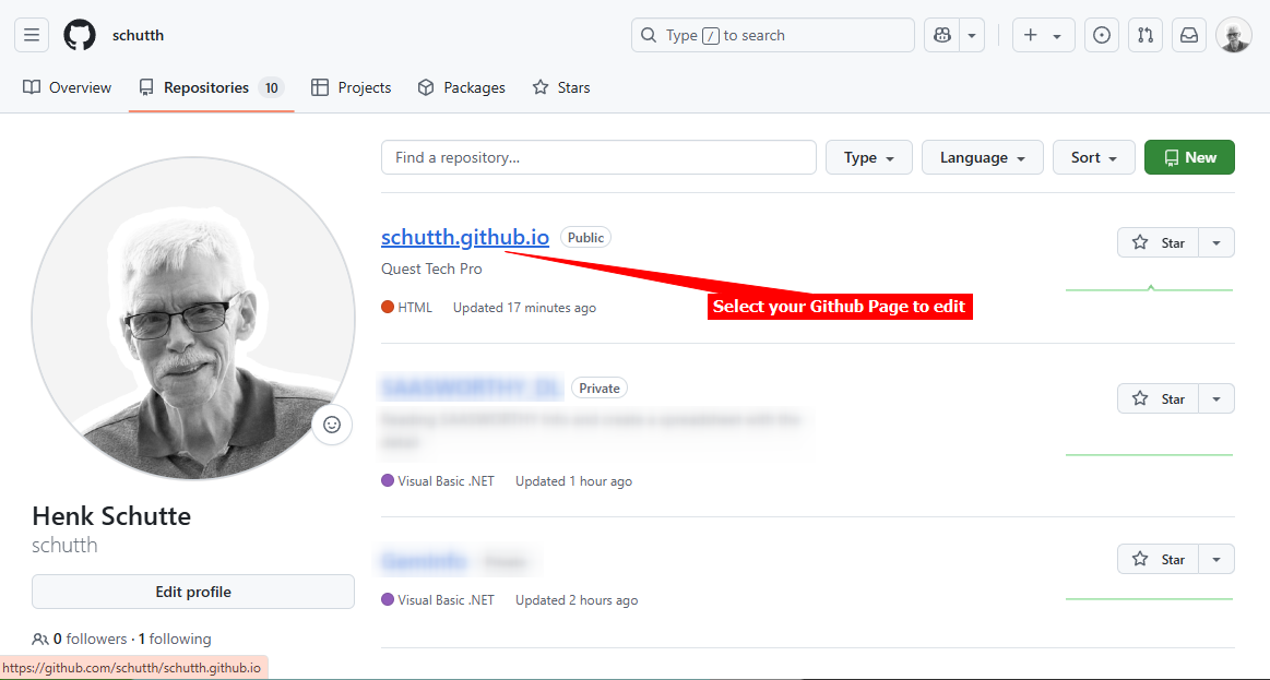 1 - Github Pages - Login and select your Github page).png