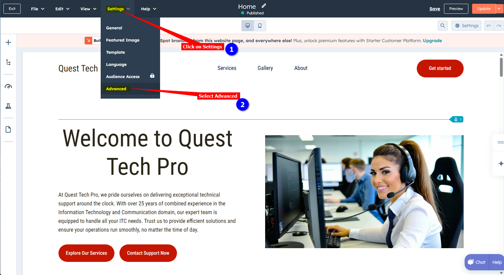 3 - Hubspot CMS - Select Settings and Advanced.png