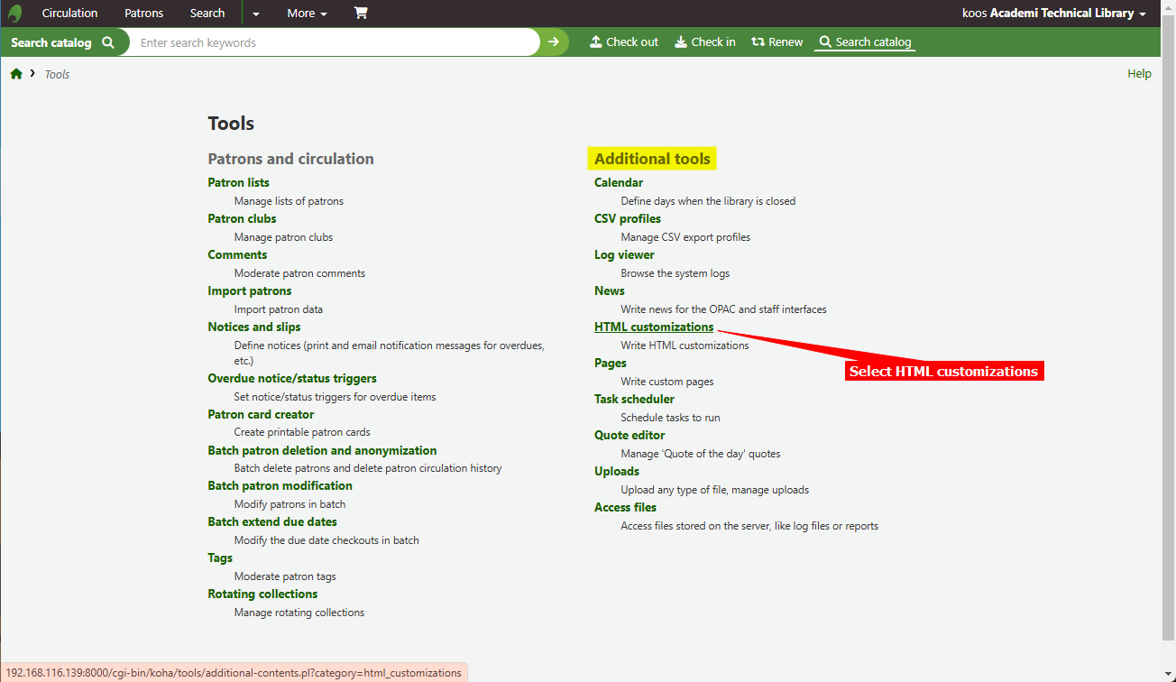 2 - Koha library - Select HTML customizations.png