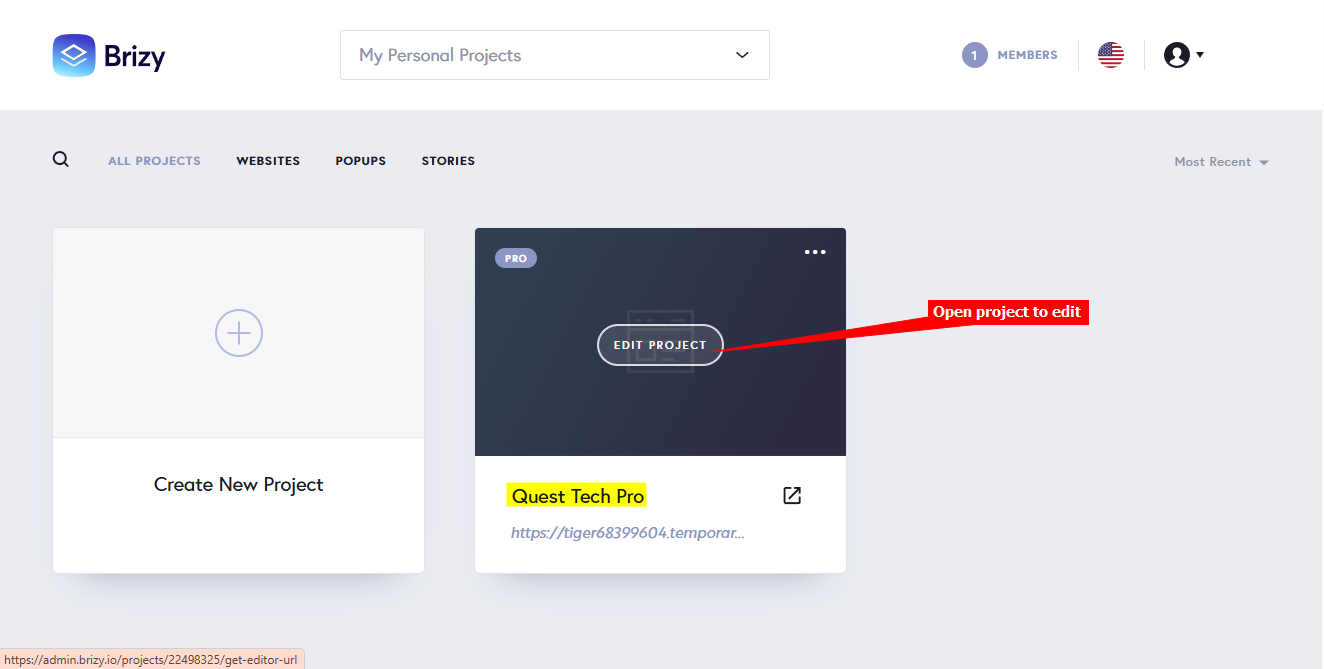 1 - Brizy - Select Project to edit.png