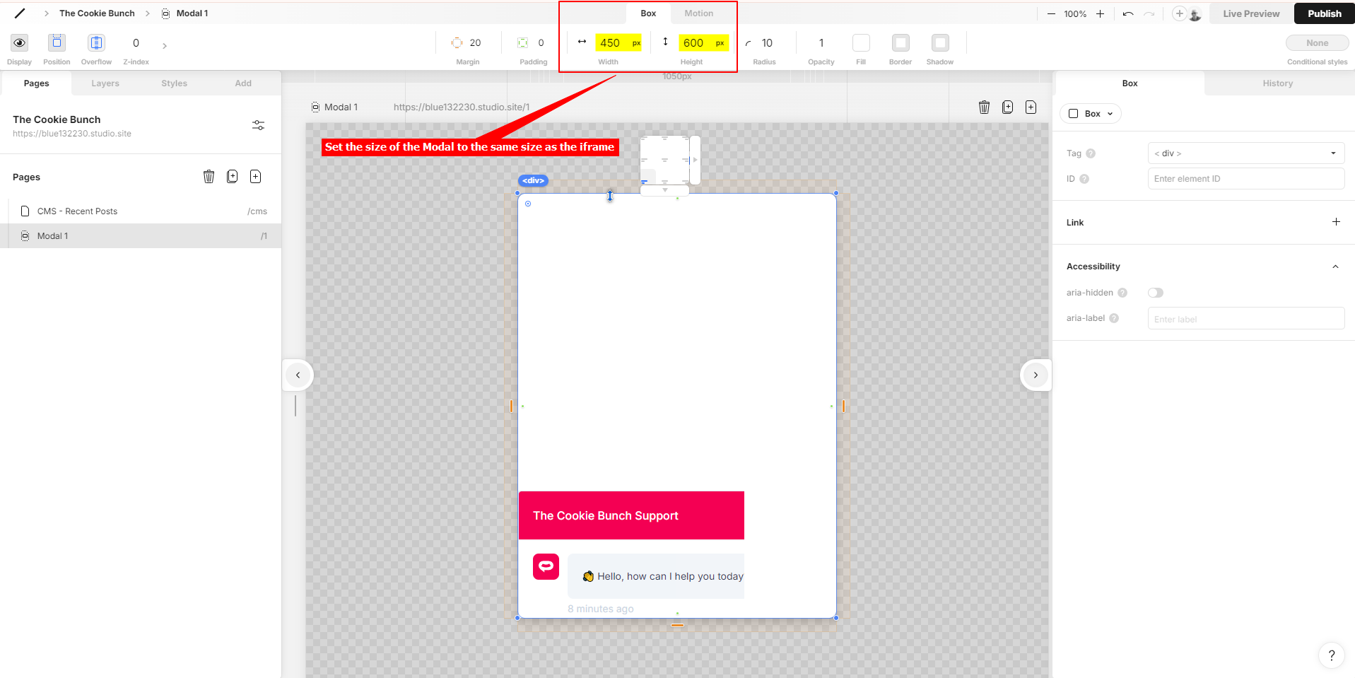 7 - Studio -set the Modal size to match the iframe size as set in the iframe code attributes.png