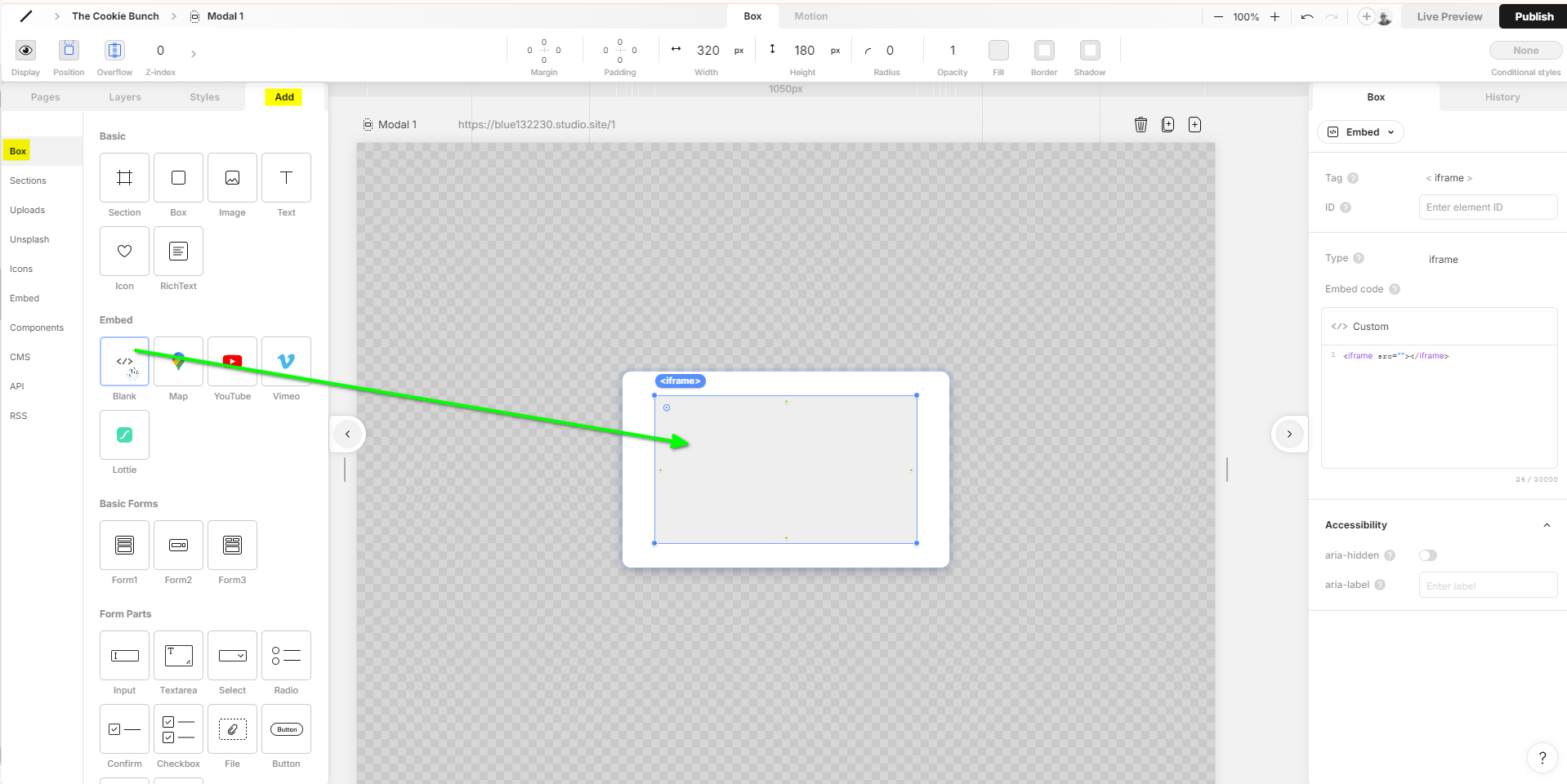 5 - Studio - select the Add tab and drag the Embed Blank box into the Modal Box.png