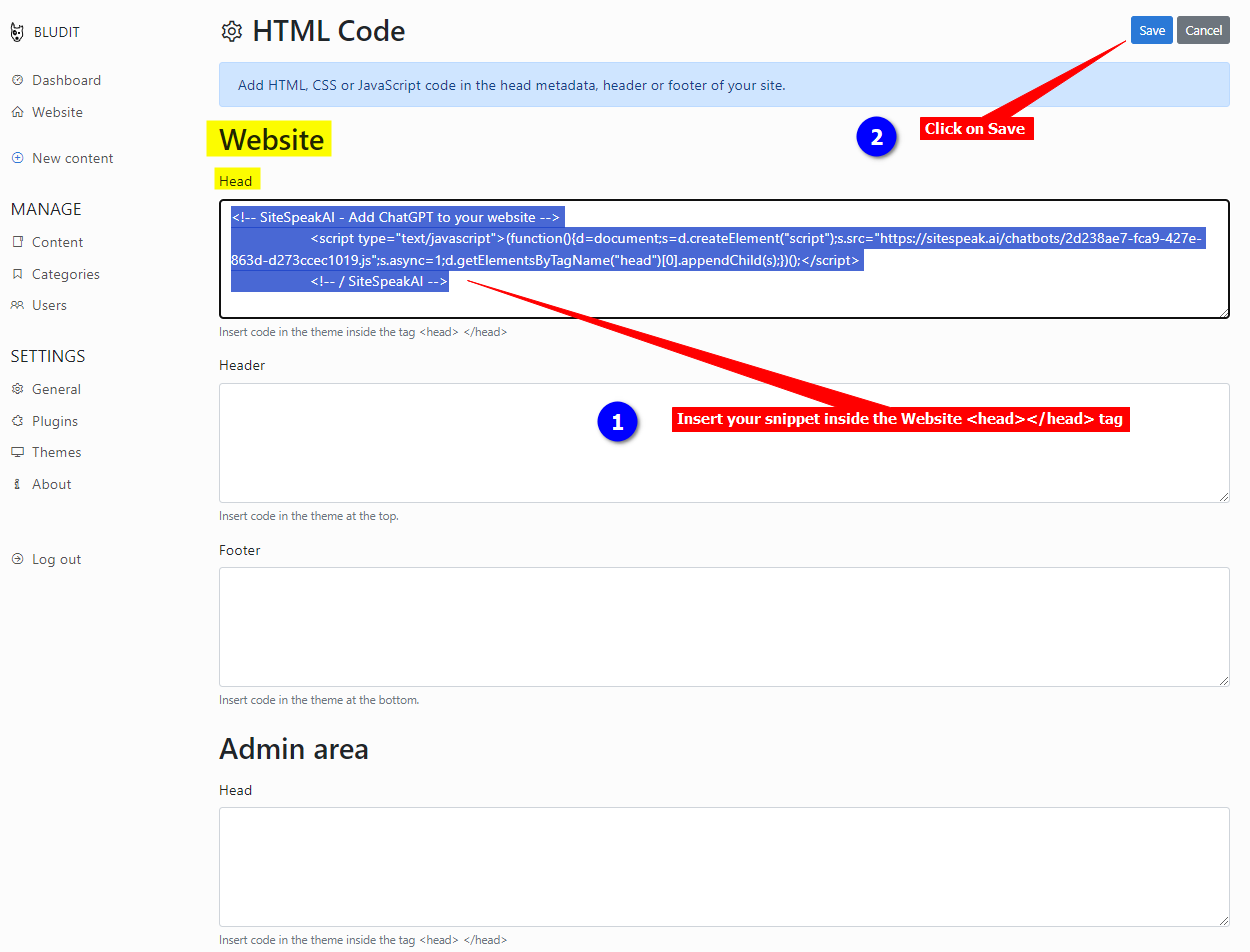 3 - BLUDIT - insert snippet inside the Website head tag and click on Save.png