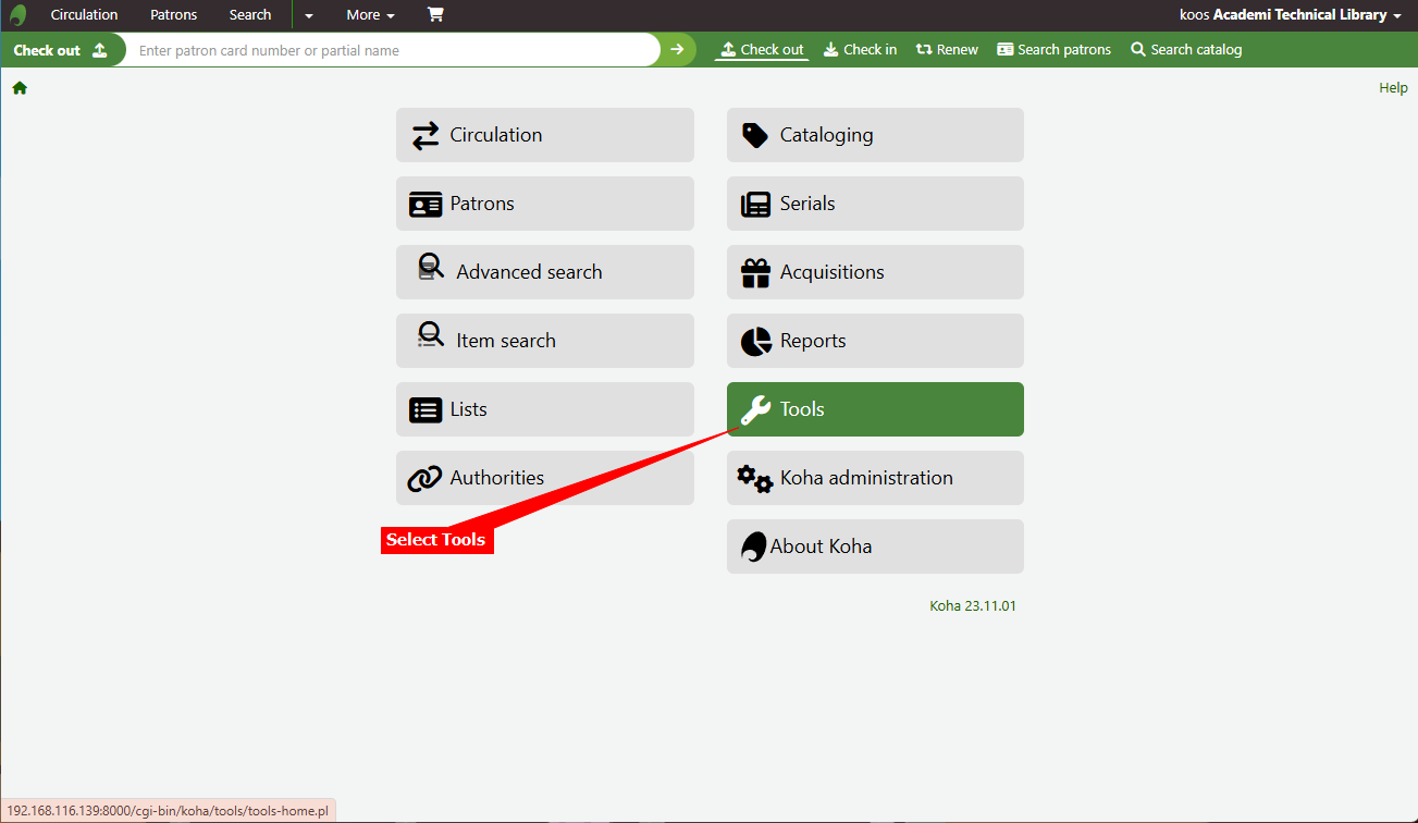 1 - Koha library - Select Tools.png